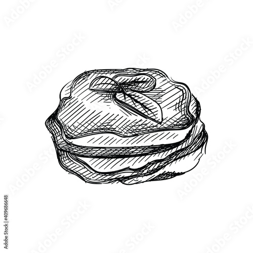Hand drawn sketch of Eggplant and Tomato Gratin, Parmigiana on a white background. Italian cuisine, Italian food. Food and meal. 