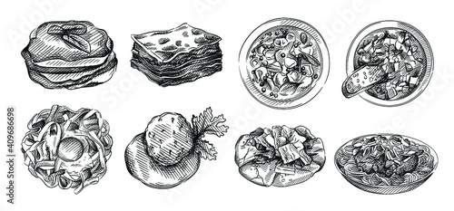 Hand drawn sketch of Italian cuisine. Carpaccio, Tagliatelle Bolognese, Lasagna, Ribollita, Tortellini in broth, Eggplant Tomato Gratin, Parmigiana, arancini, rice balls, carbonara pasta, pizza