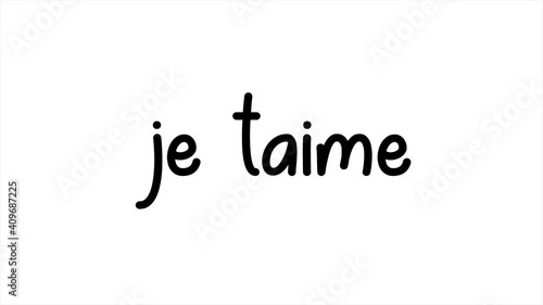 French i love you je taime written with 2d lettering using white curly font over red background with parts covered in shadows. photo