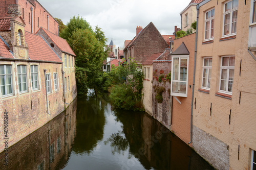 Bruges, Belgium. View of canal and typical buildings.