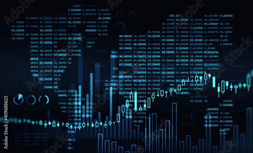 Concept of stock market and fintech forex concept. Blurry blue digital charts over dark blue background. Futuristic financial interface. 3d render illustration. World map