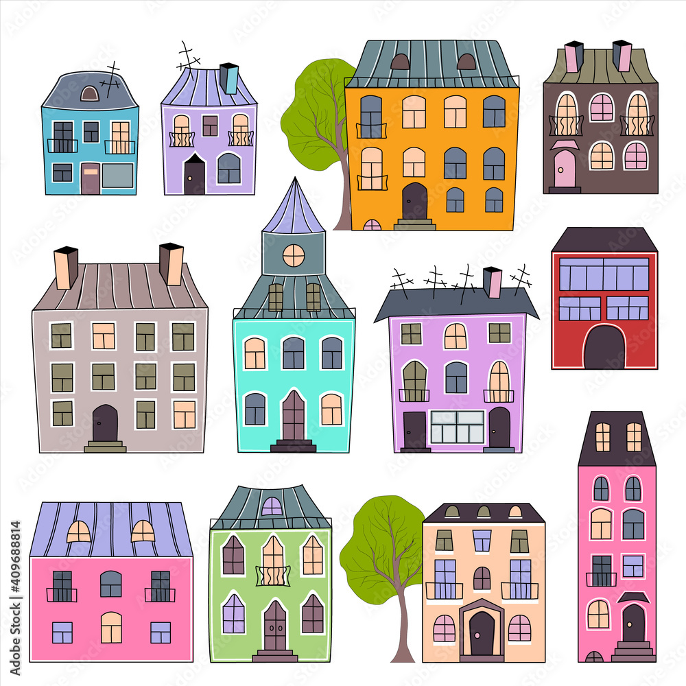 Set of colorful flat city houses on white background. Vector illustration.