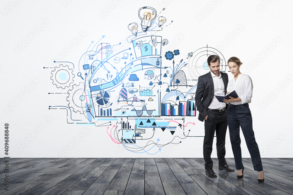 Man and woman discussing business plan Man and woman discussing business plan