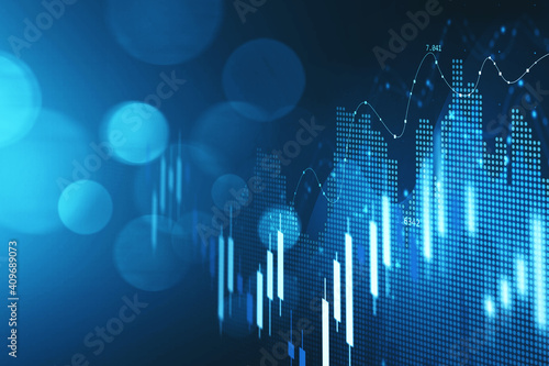 Concept of stock market and fintech forex concept. Blurry blue digital charts over dark blue background. Futuristic financial interface. 3d render illustration. photo