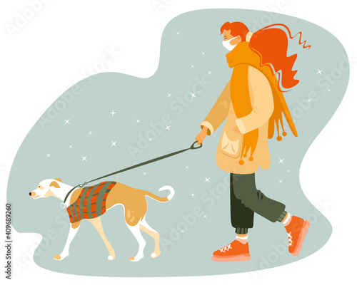 Young woman wearing protective medical mask walking with dog. Trendy hand-drawn vector  illustration.