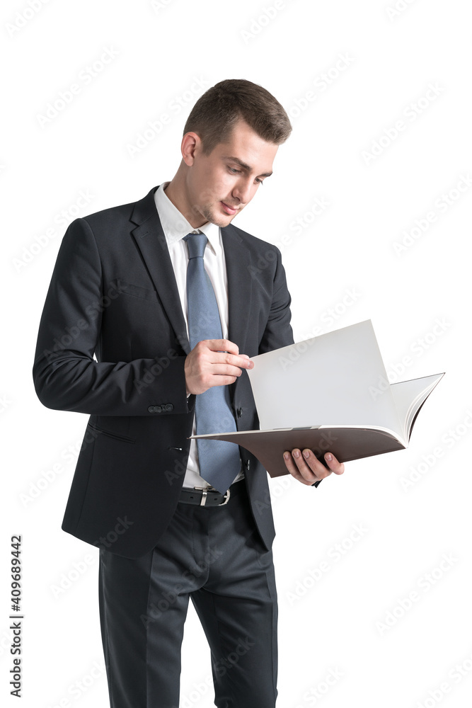 Young businessman reading document, isolated Young businessman reading document, isolated