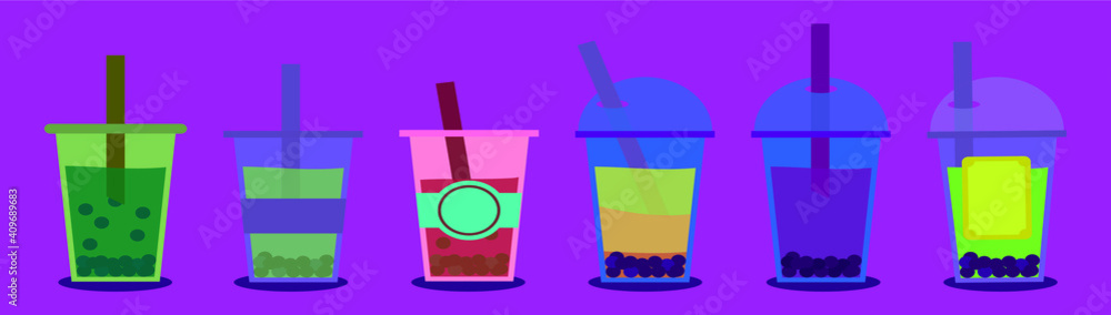 set of bubble tea cartoon icon design template with various models. vector illustration isolated on purple background set of bubble tea cartoon icon design template with various models. vector illustration isolated on purple background