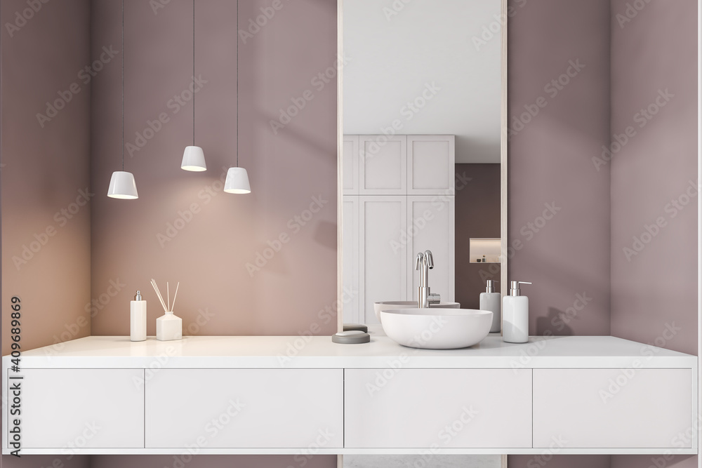 Brown and white bathroom with sink, mirror front view. Minimalist design of modern bathroom. 3D rendering, no people Brown and white bathroom with sink, mirror front view. Minimalist design of modern bathroom. 3D rendering, no people