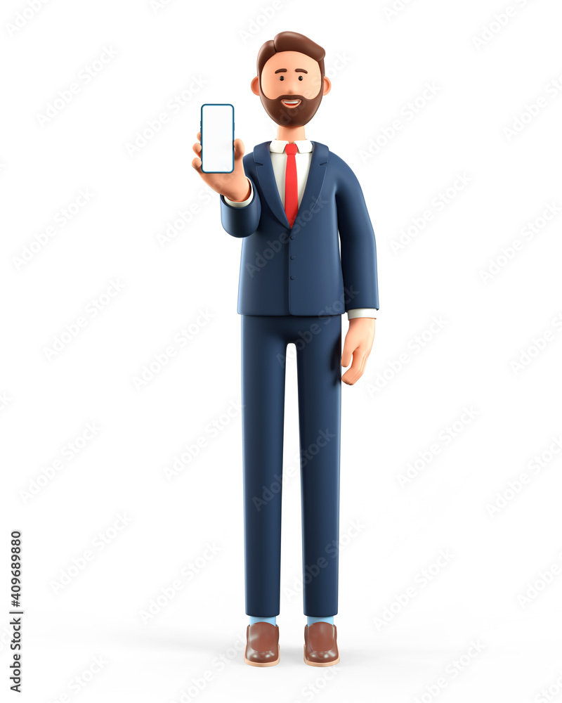 3D illustration of standing man holding smartphone and showing blank screen. Close up portrait of cartoon smiling businessman demonstrating empty phone display, isolated on white. 3D illustration of standing man holding smartphone and showing blank screen. Close up portrait of cartoon smiling businessman demonstrating empty phone display, isolated on white.
