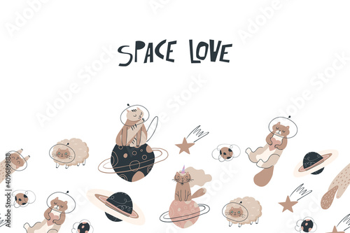 Vector seamless border with different funny space cats in pastel colors. Astronaut animals with planets and stars background.