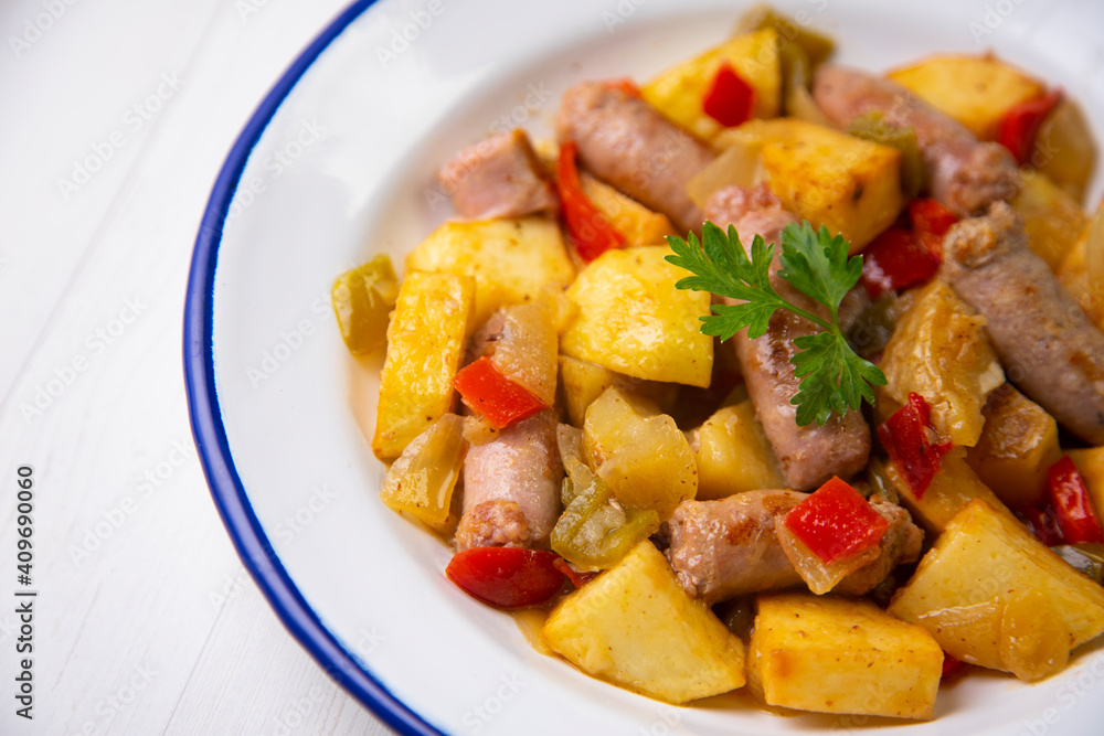 Salchichas stew with potatoes and paprika Salchichas stew with potatoes and paprika
