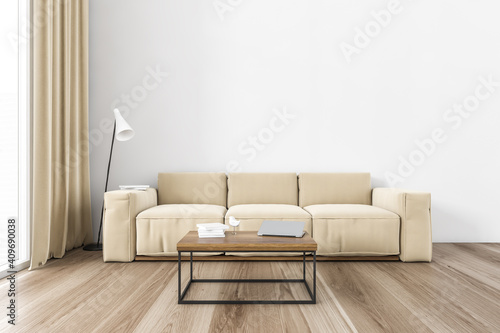 Beige sofa in living room near window and white wall with coffee table