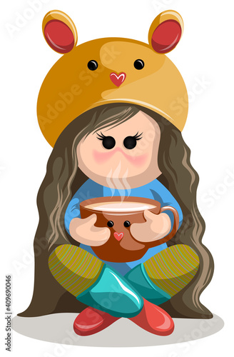 Vector image of a girl in a hat with a little mouse muzzle sitting in Turkish style with a cup. Cartoon style. EPS 10