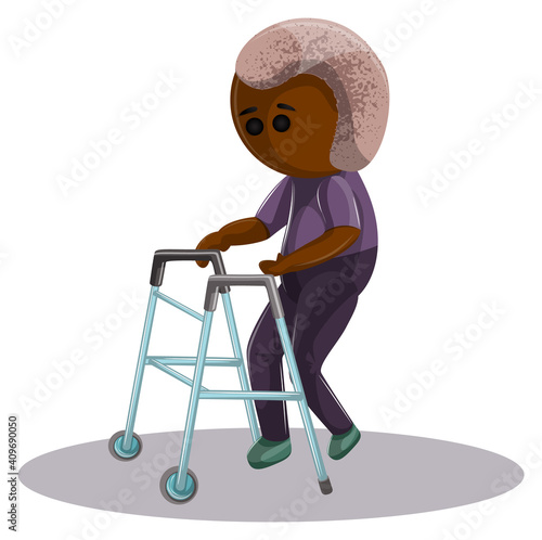 Vector image of an elderly dark-skinned man with diseases of the musculoskeletal system walking with a support