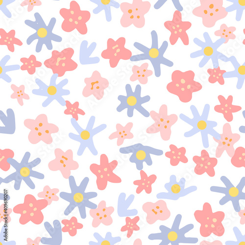 Wallpaper Mural Cute flowers doodles hand drawn vector seamless pattern. Spring, summer colored cartoon ornament. Universal simple floral design for print, fabric, textile, background, wallpaper, wrap, card, decor. Torontodigital.ca