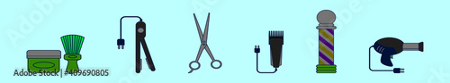 set of barber tools cartoon icon design template with various models. vector illustration isolated on blue background