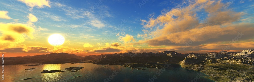 A bay at sunset, an archipelago at sunrise, islands from a height of flight, a bay from a height, a seascape with a bay, 3D rendering