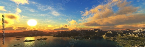 A bay at sunset  an archipelago at sunrise  islands from a height of flight  a bay from a height  a seascape with a bay  3D rendering