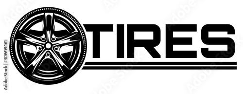 Vector monochrome illustration with wheel car drive. Template for logo design, corporate style, business card, poster, website