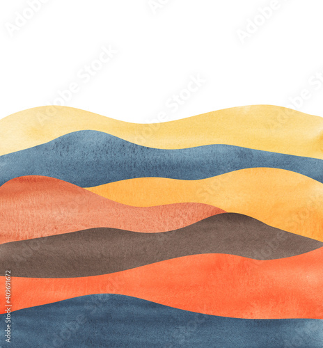 watercolor wavy mountain silhouette, hand painted background with hues of yellow red and indigo shapes
