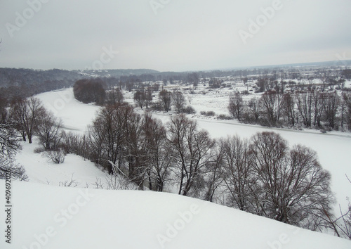 Winter landscape of the Desna river valley, view from the high right bank