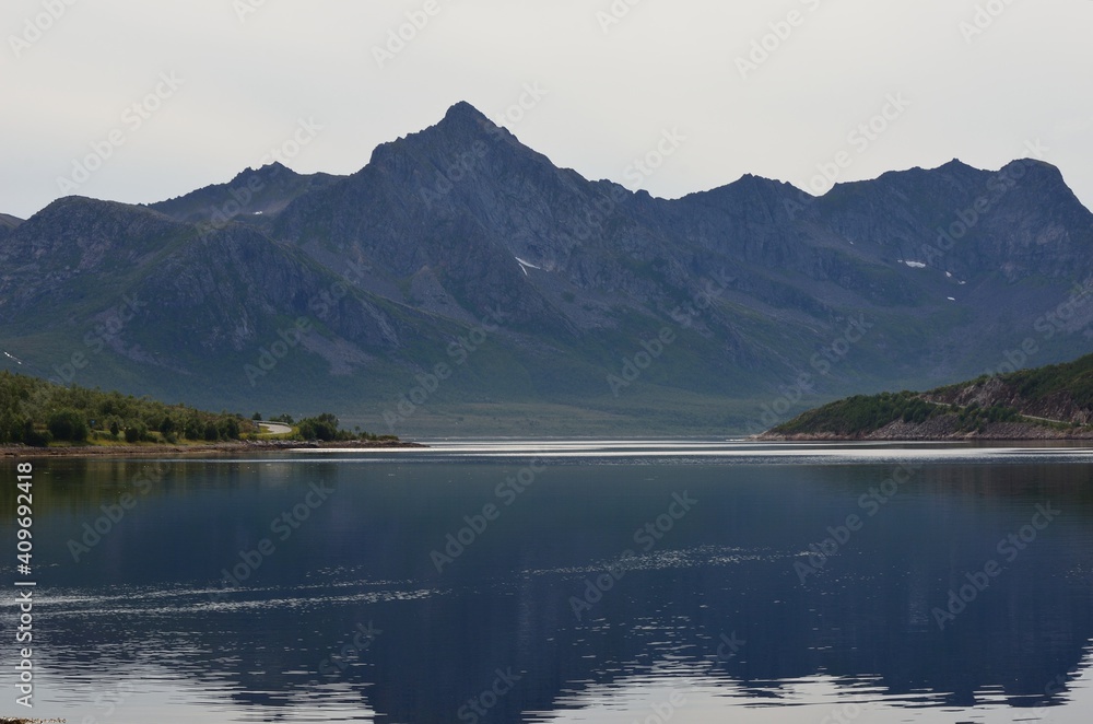 majestic fjord and mountain landscape on the island of Senja, northern Norway in summer