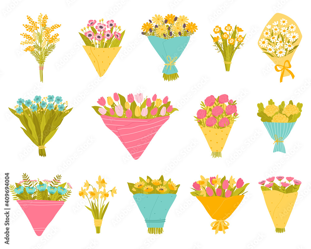 A set of garden and wild blooming flowers in bouquets. Collection of floral decorative compositions isolated on white background. Vector illustration in flat style. A set of garden and wild blooming flowers in bouquets. Collection of floral decorative compositions isolated on white background. Vector illustration in flat style.
