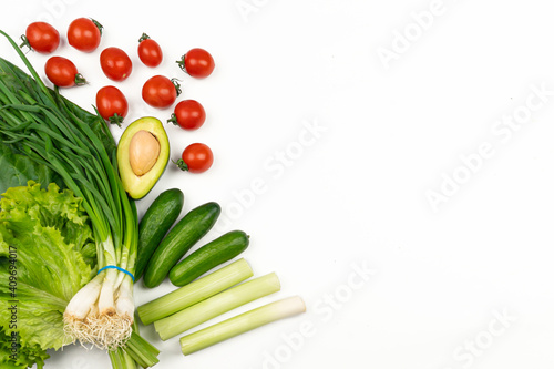 Fresh vegetables with avocado. healthy food background Isolated on white