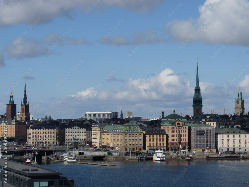 Observation deck of Stockholm. View of the old town, town hall and lake. Travel Scandinavia by bus and ferry. 