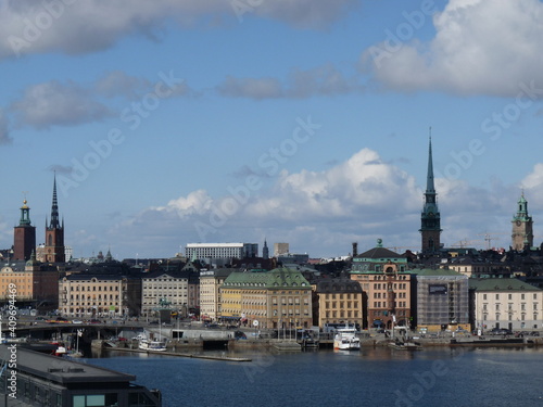 Observation deck of Stockholm. View of the old town, town hall and lake. Travel Scandinavia by bus and ferry. 