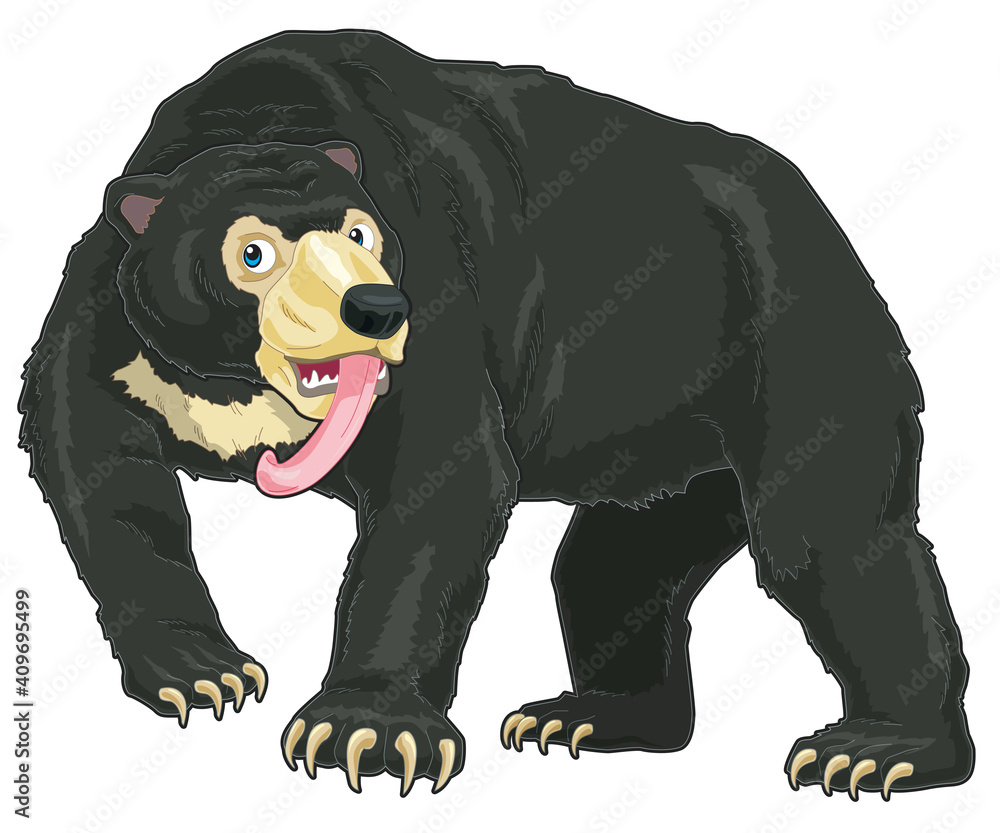 Sun Bear cartoon illustration with black coat and long tongue
