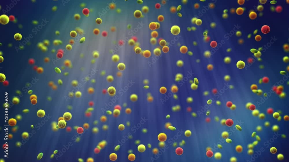 3d render animation of airborne pollen grains. Pollen allergy is also known as hay fever or allergic rhinitis. 3d render animation of airborne pollen grains. Pollen allergy is also known as hay fever or allergic rhinitis.