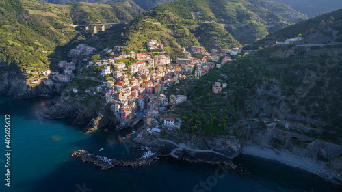 Italy, aerial view of the village of RIOMAGGIORE, a Unesco heritage site in the Cinque Terre in the province of La Spezia in the Liguria region