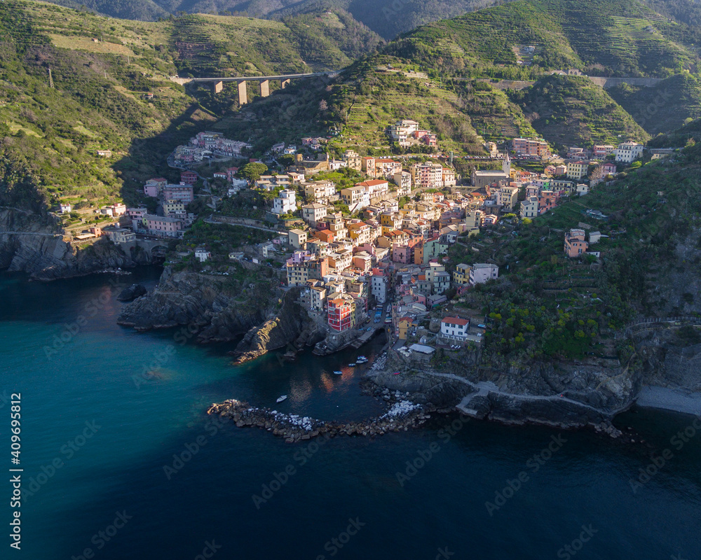 Italy, aerial view of the village of RIOMAGGIORE, a Unesco heritage site in the Cinque Terre in the province of La Spezia in the Liguria region