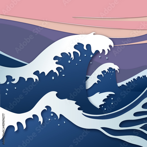 Postcard application from cut paper on the theme of Japanese prints. Sea and sky. Vector.