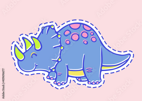 Vector Silhouette Cartoon Cute colorful pastel kawaii outline drawing illustration of baby Triceratops dinosaur for kids isolated on pink background.Vinyl wall sticker decal for kids.