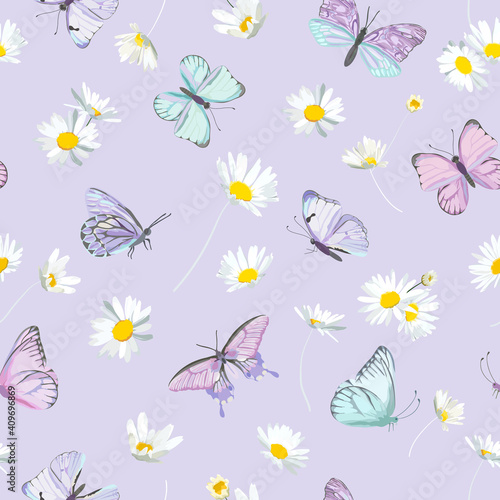Watercolor daisy flowers and butterfly vector background. Seamless spring floral pattern
