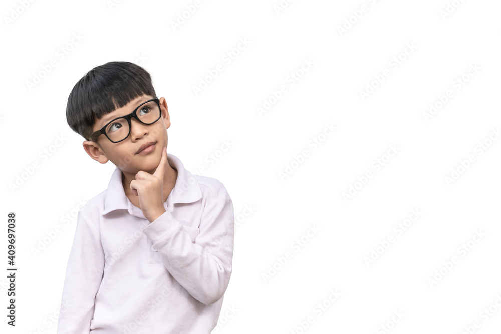 A child wearing glasses looks smart-looking up in doubt isolated on white background. Little boy thinking with hand on chin. A child wearing glasses looks smart-looking up in doubt isolated on white background. Little boy thinking with hand on chin.