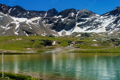 Passo Gavia, mountain pass in Lombardy, Italy, at summer. Lake