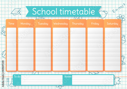 School timetable. Schedule for kids. Weekly time table with lessons. Student plan template on a sheet in a cage with linear school icons. Vector illustration. Educational classes diary on English, A4.