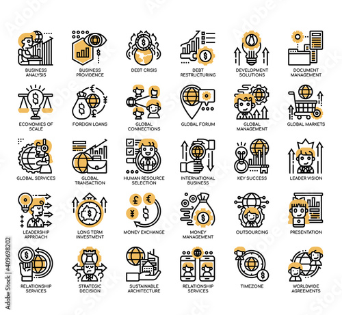 Set of Global Business thin line and pixel perfect icons for any web and app project.