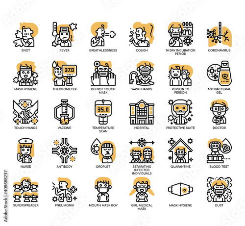 Set of Coronavirus Covid 19 thin line and pixel perfect icons for any web and app project.