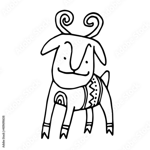 cute decorative goat with horns, mountain sheep, vector illustration with black ink contour lines isolated on a white background in doodle and hand drawn style