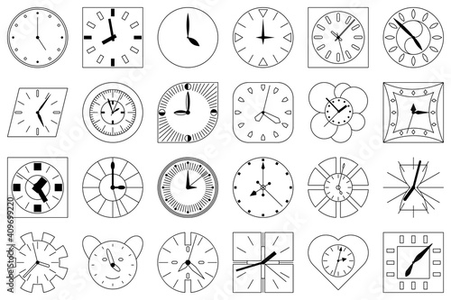 A set of wall clocks of different shapes. Vector icons in outline style isolated on white. Dial with hands for hours, minutes, seconds.