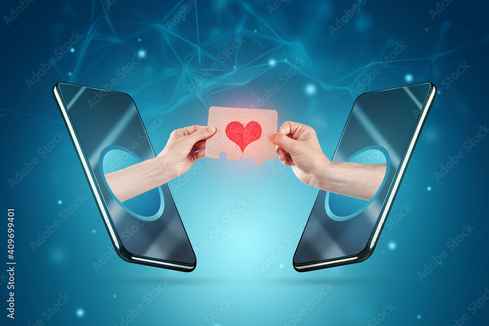 Online acquaintance. Hands come out of the smartphone screen holding puzzles  with a drawn heart. The concept of social networks, love on the internet,  porn. Photos | Adobe Stock