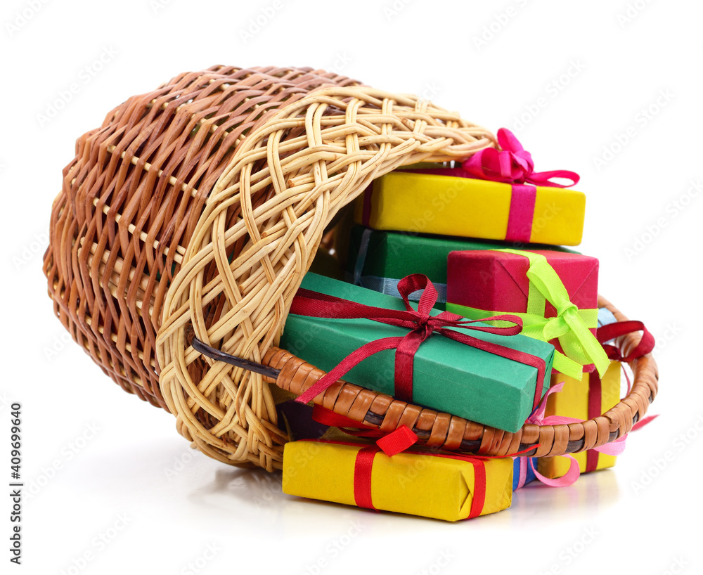 Basket with bright gifts.