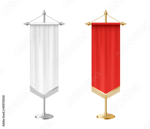 Blank white and red vertical pennants with tassel fringe on steel spire pedestal