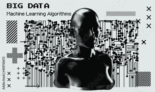 Pixelated and glitched portrait of android human, supreme artificial intelligence. Generative computer art.