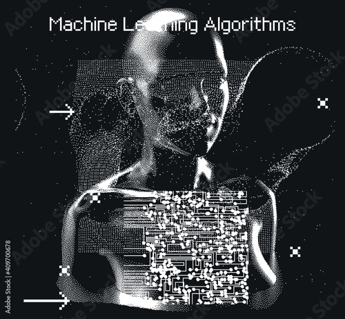 Pixelated and glitched portrait of android human, supreme artificial intelligence. Generative computer art.