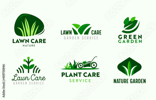 Set of Logo Garden and Lawn Care Service. Gardening Company Icons, Plants Care, Lawn Mower in Park, Nature Eco Village